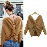 Fashion V Neck Back knot Loose Fit Sweater