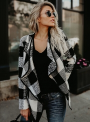 Open Front Turn-down Collar Plaid Coat