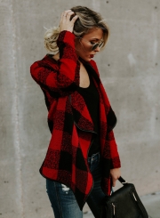 Open Front Turn-down Collar Plaid Coat