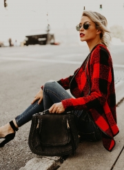 Open Front Turn-down Collar Plaid Coat