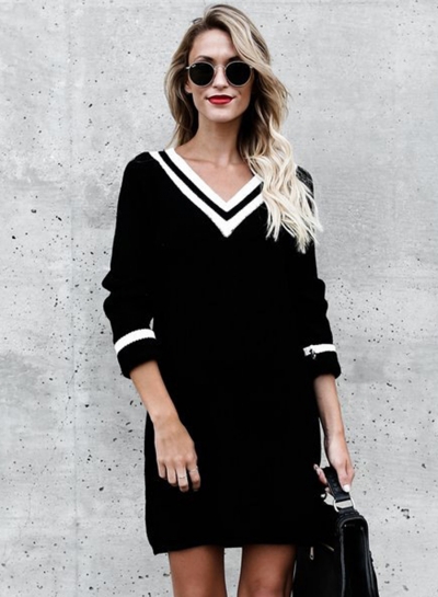 V Neck Long Sleeve Color Block Knit Dress zecalaba.com