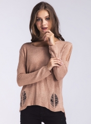 Solid Round Neck Hollow out Long Sleeve Pullover Sweater