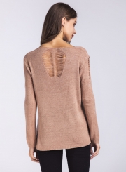 Solid Round Neck Hollow out Long Sleeve Pullover Sweater