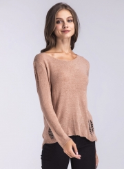 Solid Round Neck Hollow out Long Sleeve Pullover Sweater