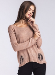 Solid Round Neck Hollow out Long Sleeve Pullover Sweater