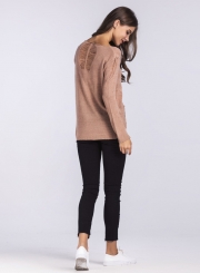 Solid Round Neck Hollow out Long Sleeve Pullover Sweater