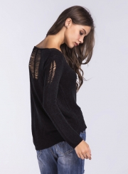 Solid Round Neck Hollow out Long Sleeve Pullover Sweater