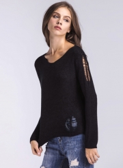 Solid Round Neck Hollow out Long Sleeve Pullover Sweater