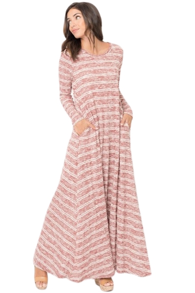 Purplish Red Striped Pocket Maxi Dress zecalaba.com