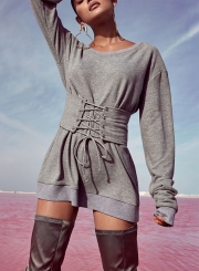 Long Sleeve Lace-up Waist Sweatshirt Tee Shirt dress