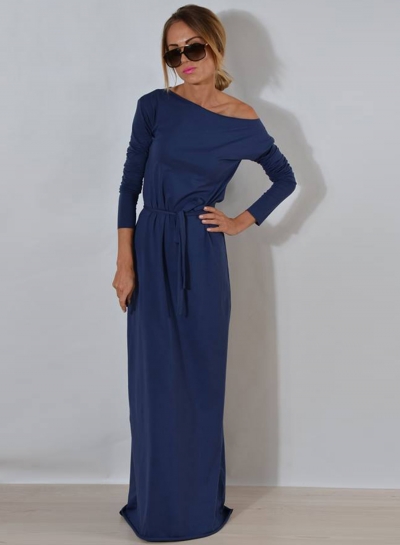 One Shoulder Maxi Dress with Belt zecalaba.com