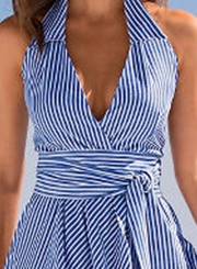 Stripe Halter Neck Sleeveless Backless High Low Dress