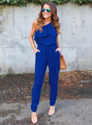 Fashion One Shoulder Ruffle Jumpsuit with Belt