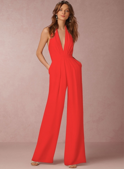 Fashion Halter V Neck Backless Wide-Leg Jumpsuit zecalaba.com