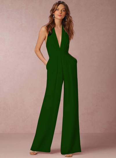 Fashion Halter V Neck Backless Wide-Leg Jumpsuit