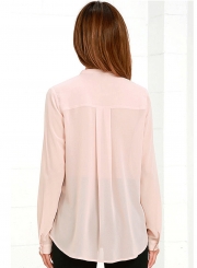 V Neck Long Sleeve Solid Chiffon Blouse