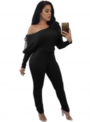 Fashion Off Shoulder Long Sleeve Lace-up Jumpsuit