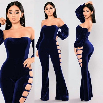 Fashion Off Shoulder Long Sleeve Velvet Flared Jumpsuit zecalaba.com