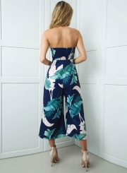 Fashion Strapless Palm Leaf Printed Wide Leg Jumpsuit