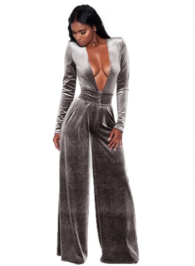 Fashion Deep V Neck Long Sleeve Solid Color Jumpsuit zecalaba.com