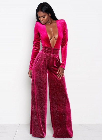 Fashion Deep V Neck Long Sleeve Solid Color Jumpsuit lonhooker.com