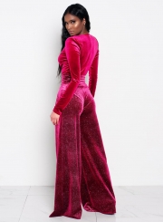 Fashion Deep V Neck Long Sleeve Solid Color Jumpsuit