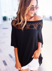 Off Shoulder Half Sleeve Lace Panel Pullover Blouse