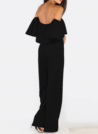 Off Shoulder Short Sleeve Ruffle Solid Jumpsuit zecalaba.com