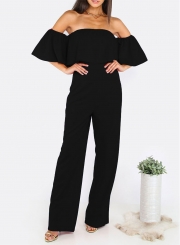 Off Shoulder Short Sleeve Ruffle Solid Jumpsuit