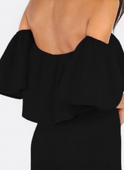 Off Shoulder Short Sleeve Ruffle Solid Jumpsuit