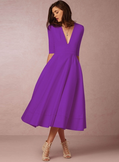 Fashion V Neck Half Sleeve Solid Color Dress zecalaba.com