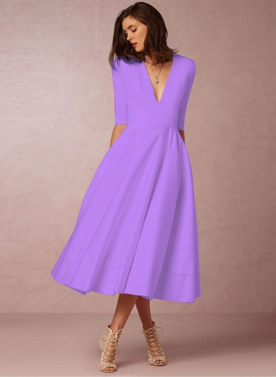 Fashion V Neck Half Sleeve Solid Color Dress zecalaba.com