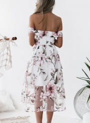 Fashion Slash Neck Floral Printed Net Yarn Splicing Dress