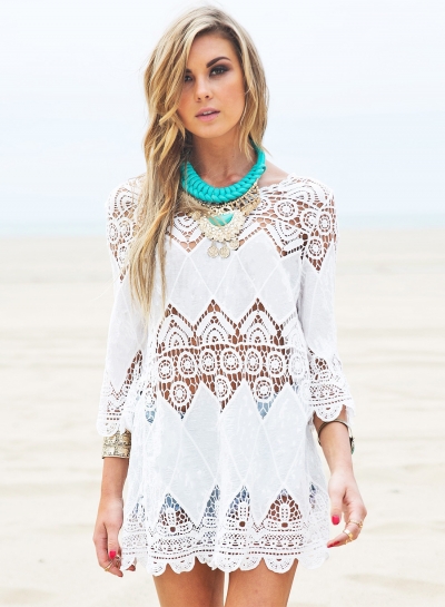 Fashion Solid Color Lace Hollow Out Beachwear