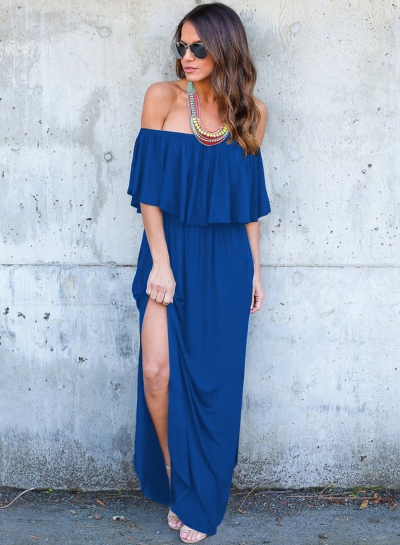 Fashion Off Shoulder Ruffle Maxi Dress with Pocket zecalaba.com