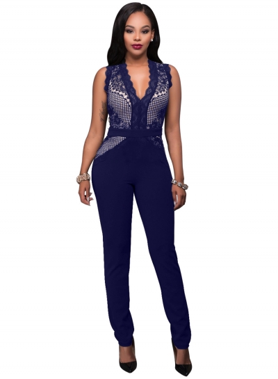 Fashion Sleeveless Lace Splicing Solid Color Jumpsuit zecalaba.com