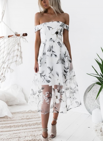 Fashion Slash Neck Floral Printed Net Yarn Splicing Dress zecalaba.com