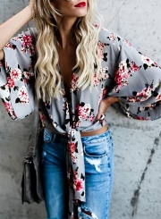 Elegant Deep V Neck Three Quarter Length Sleeve Floral Printed Blouse