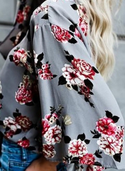 Elegant Deep V Neck Three Quarter Length Sleeve Floral Printed Blouse