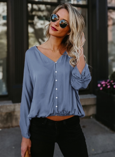 Casual V Neck Long Sleeve Solid Color Blouse YOYOTSHOP.com