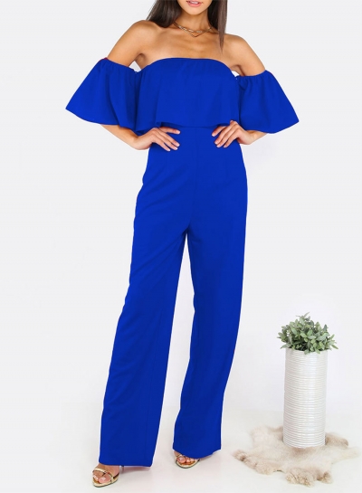 Off Shoulder Short Sleeve Ruffle Solid Jumpsuit