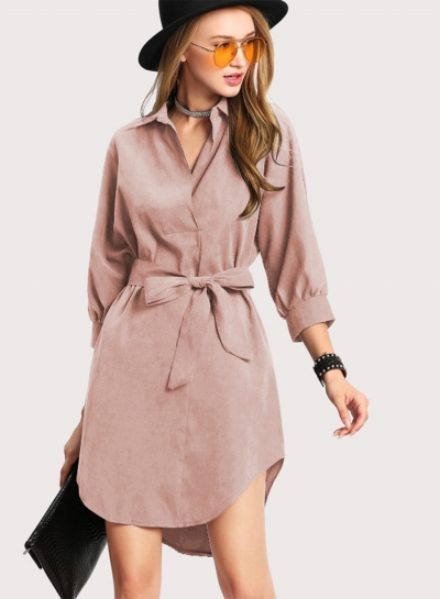 Fashion Turn Down Collar Long Sleeve Solid Color Dress zecalaba.com