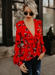 Deep V Neck Floral Printed Peplum Blouse