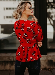 Deep V Neck Floral Printed Peplum Blouse