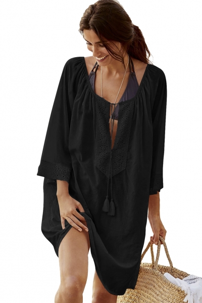 Black Bohemian Lace Tassel Tie Manual Cotton Beachwear YOYOTSHOP.com