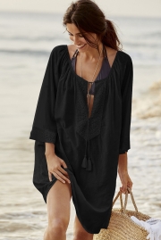 Black Bohemian Lace Tassel Tie Manual Cotton Beachwear