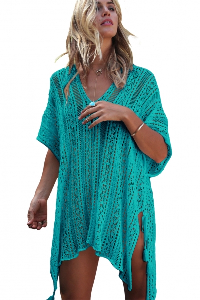 Mint Crochet Knitted Tassel Tie Kimono Beachwear YOYOTSHOP.com