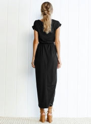 Short Sleeve Slit Maxi Dress with Belt