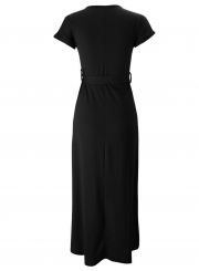 Short Sleeve Slit Maxi Dress with Belt