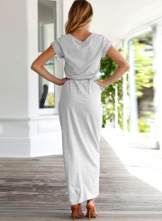 Short Sleeve Slit Maxi Dress with Belt